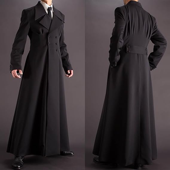 Men's Double Breasted Trench Coat, Slim Fit, Notched Lapel, Ankle Length, Black, Lined