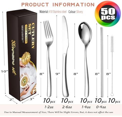 MURRI&MURRDI Stainless Steel Cutlery Set for 10 People, 50 Pieces Knife Fork Spoon Silverware Set with Straw Brush, Flatware Utensils Set for Home Party Restaurant, Dishwasher Safe, Silvery - Image 3