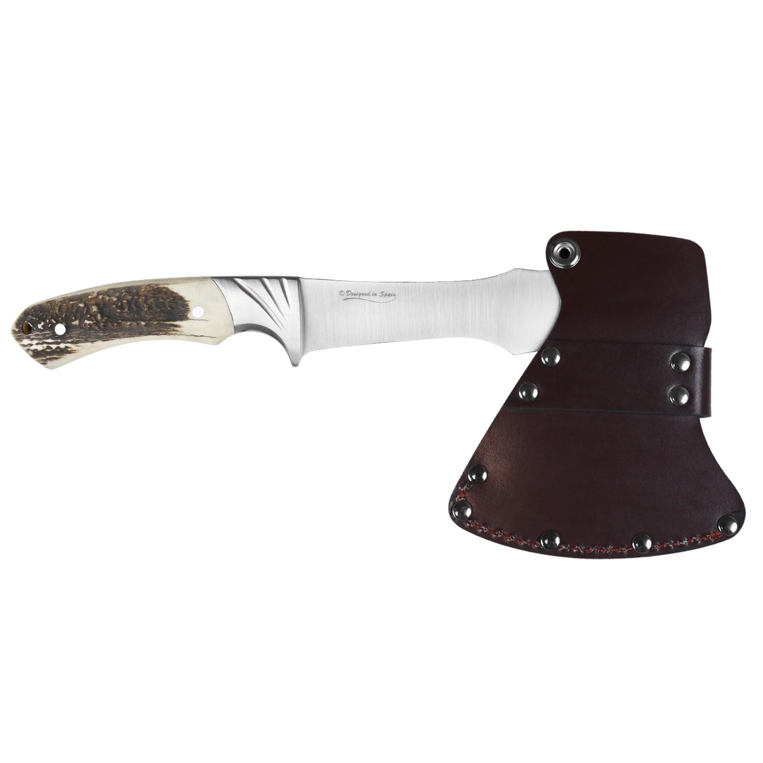 iFIELD Ascia di Sopravvivenza EL29003, Lama in Acciaio Inossidabile 17cm, Dimensione Totale 29,5cm, con Fodero in Pelle, Manico in Corno di Cervo, da Campeggio per la Pesca, Caccia, attività Sportive