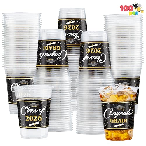 JOYIN 100 Pcs 16oz Graduation Cups Party Plastic Cups Class of 2026 Graduates Disposable Tableware Set PET Cup for High School College Graduation School Party Favors Supplies