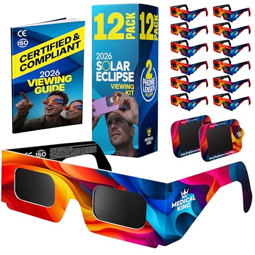 Medical king Solar Eclipse Glasses 12 pk – ISO 12312-2 and CE Certified Glasses For Safe View Solar Eclipse 2026 – The Eclipse August 12, 2026
