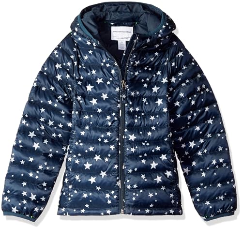 Amazon Essentials Mädchen Leichte wasserabweisende verstaubare Winterjacke mit Kapuzen, Marineblau Sterne, 10 Jahre