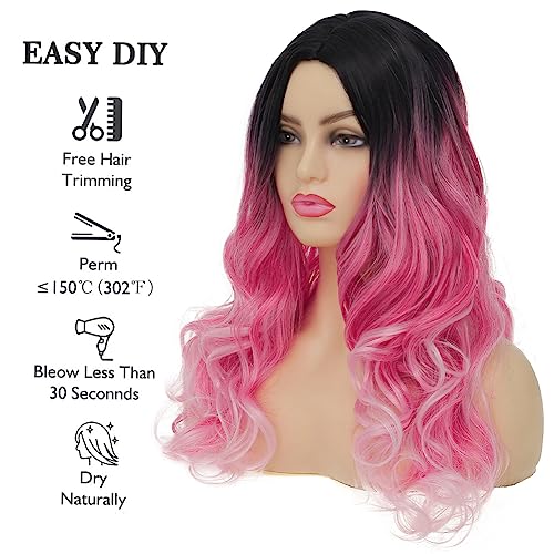 Image of Swiking Women Ombre Pink Long Curly Wig Dark Roots Wave Middle Part Synthetic Wigs for Halloween Cosplay Wig (Ombre Pink)
