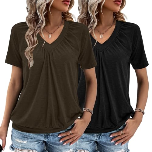 Cute Summer Tops 2 Pack V Neck Short Sleeve Ruched 7 cute summer tops 2 pack - black and brown