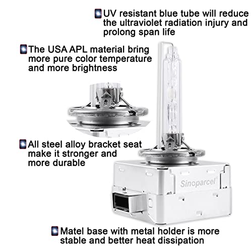 Image of Sinoparcel D1S /D1R 55W Xenon Bulb - 85V 6000K HID Headlight Replacement - Discharge Lamp -Pack of 2-Compatible with 66144 66140 85140 85415 66140XNL