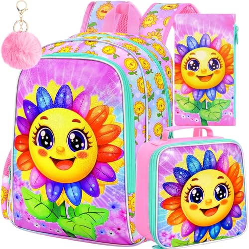 Image of AGSDON 3PCS Backpack for Girls, 16 inch Kids Backpacks Set for Elementary Preschool Kindergarten, Sun Flower Bookbag with Lunch Box