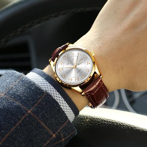 Men's Watch Big Face Easy Read Arabic Numeral Dress Watches for Men Classic Black Brown Leather Band Analog Mens Wrist Watch with Day and Date Fashion Business Waterproof Luminous Quartz Watch3