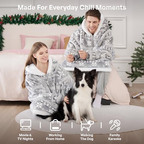 Image of Giggling Getup Wearable Blanket Hoodie for Women Men - Oversized Flannel Sherpa Fleece Sweatshirt Blanket - with Giant Pocket & Sleeves - Cozy Warm Blanket Birthday Gifts for Adults Grey Snowflake