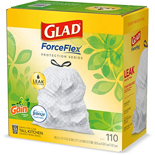 Glad ForceFlex Tall Kitchen Drawstring Trash Bags 13 Gallon White Trash Bag, Gain Original Scent with Febreze Freshness 110 Count (Package May Vary)