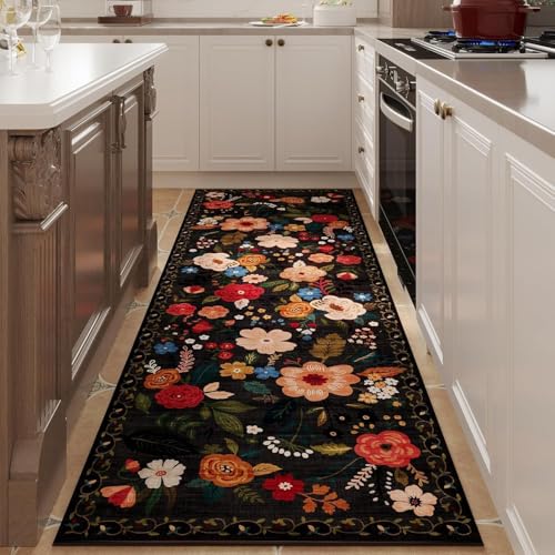 Image of Rugcomf Runner Rug for Hallways Kitchen Rug Non Slip 40 * 120 cm Washable Rugs with Rubber Backing Soft Floral Carpet Runner for Hallways, Kitchen, Laundry, Bedroom, Bathroom(Black)