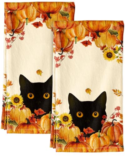 Image of Miss Adola 150GSM Flour Sack Kitchen Towels Set of 2, Cat in Pumpkins
