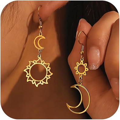Celestial Sun and Moon Earrings for Women Asymmetry Moon Star Dangle Drop Earrings Minimalist Stainless Steel Statement Charm Jewelry
