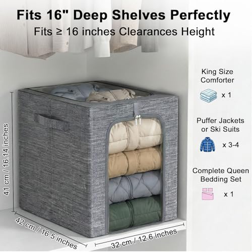 Image of GoMaihe Blanket Storage Bins with Metal Frame, 6-Pack Large Closet Storage Bins with Lid & Clear Window, Comforter Bedding Storage Organizer for Walk-in Closet Cationic Fabric 55L