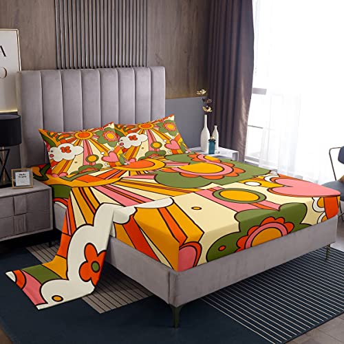 Erosebridal 60S 70S Hippie Sheet Set Twin Vintage Boho Sun Bed Sheets Groovy Flowers Clouds Love Hearts Bedding Set For Kids Girls Teens,Vintage Floral Fitted Sheet + Flat Sheet + 1 Pillow Case #TOP24