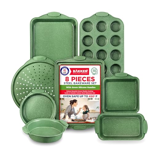 BAKKEN Kitchen Baking Pan Set - Nonstick Green Marble Coating, Set of 8
