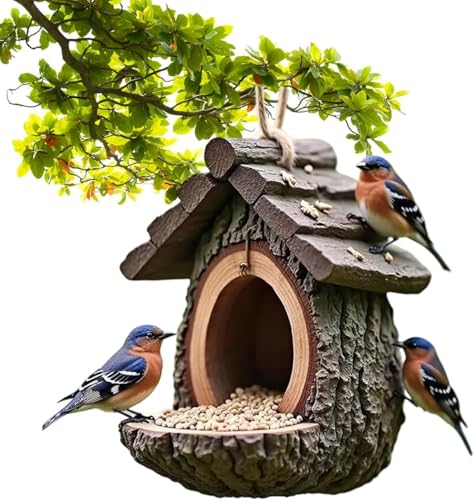 Vintage Treehouse Shape Bird Feeder, Outdoors Hanging Wild Birdfeeder Open Design, Hummingbird Squirrel Viewing Feeding Birdhouse for Window Outside Balcony Garden Fence (Vintage Treehouse)