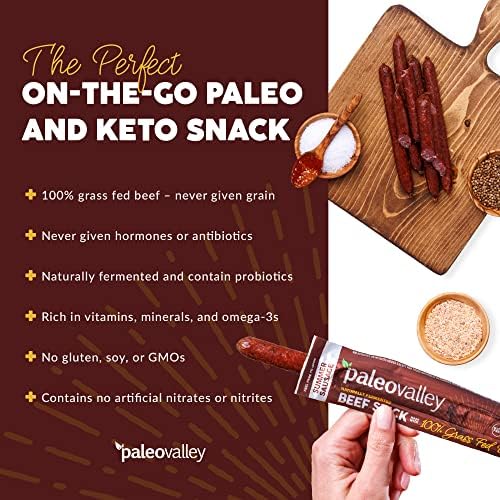 Paleovalley 100% Grass Fed Summer Sausage Beef Sticks - Delicious Gluten Free Beef Snack - High Protein Keto Friendly - 3