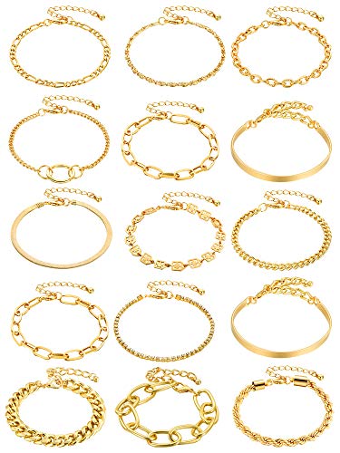 Hicarer 15 Pieces Women Chain Bracelets Set Adjustable Paperclip Link Bracelet Italian Chunky Chain Flat Cable Chain Bracelets for Women Girls Ladies Jewelry Supplies, Gold