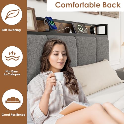 Image of GAOMON Twin Size Bed Frame with 2 Storage Drawers and Charging Station, Rustic Linen Upholstered Platform Bedframe with Storage Headboard, Heavy Duty, No Box Spring Needed, Easy Assembly, Noise Free
