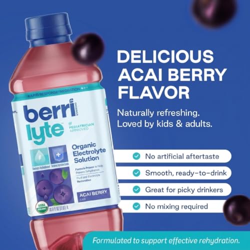 Image of Berri Lyte Organic Electrolyte Drink - 3 Flavors (Acai Berry, Strawberry, Cherry) - Plant-Based Hydration with Coconut Water, Natural Electrolytes, USDA Organic for Kids & Adults, 1 L, 6-Count