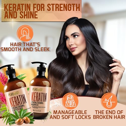 Image of Keratin Shampoo and Conditioner Set - Sulfate and Paraben Free Treatment for Dry Hair - Anti Frizz, Collagen Enriched Formula for Curly or Damaged Hair - Safe for Men and Women with Color Treated Hair