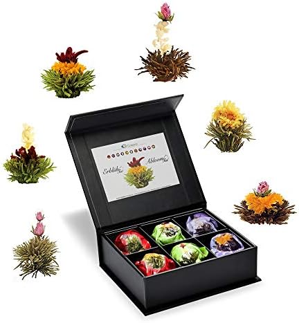Creano Tea Flowers Mix 6pcs Set Blooming Tea, Green Tea, White Tea & Black Tea in Elegant Magnetic Box with Silver Embossing
