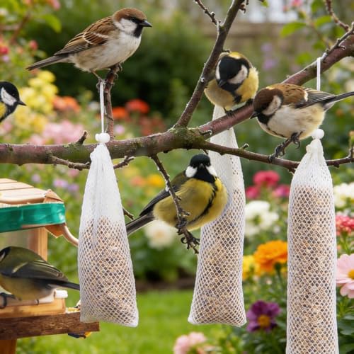 Xinjoduz 6 PCS Finch Sock Feeder for Outdoor, Durable Instant Thistle Seed Feeder Sacks Hanging Birds Feeders, Bird Food Supply Tools for Garden Yard Wild Finch Feeding (White, 3.94 x 15.5 Inch)
