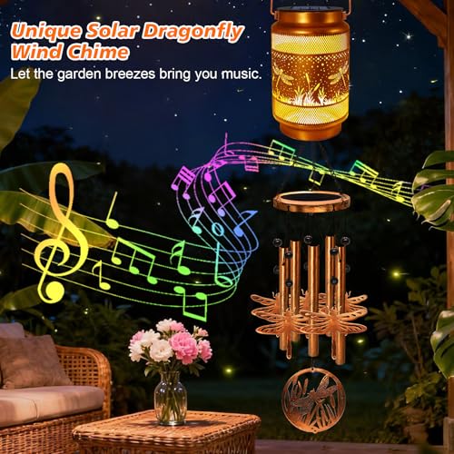 Image of 2 Pack Dragonfly Solar Wind Chimes for Outside, Gifts for Mom Women Grandma Birthday Memorial Teacher, 32 inch Windchimes Outdoor Decor Hanging Solar Lantern for Garden Porch Patio Backyard
