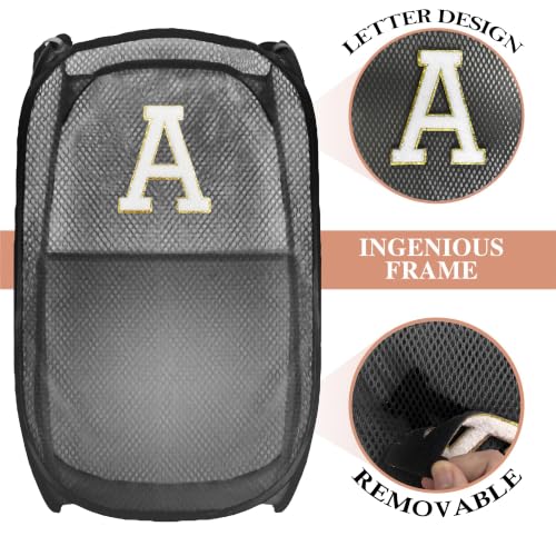 Image of Collapsible Pop Up Laundry Hamper, Extra Large with Removable Initial Letter A, Mesh Foldable Laundry Basket, 28 inch x 16 inch x 16 inch (Black)