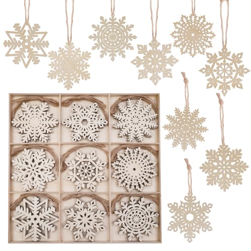 EELLAO 45pcs 4inch Wooden Snowflakes Ornaments Rustic Hanging Wood Snowflake Crafts Hollowed Embellishments for Christmas Tree Decor, 4inch, Wood