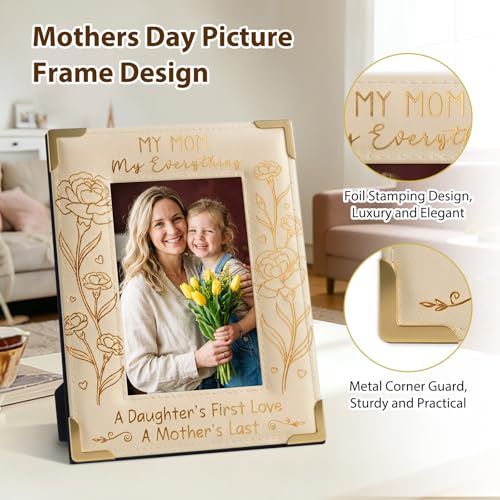 Image of FLYAB 4x6 Mothers Day Picture Frame First Mothers Day Gifts for New Mom from Husband Parents Mom Picture Frame Decorations for Tabletop Wood Leather Frame Beige