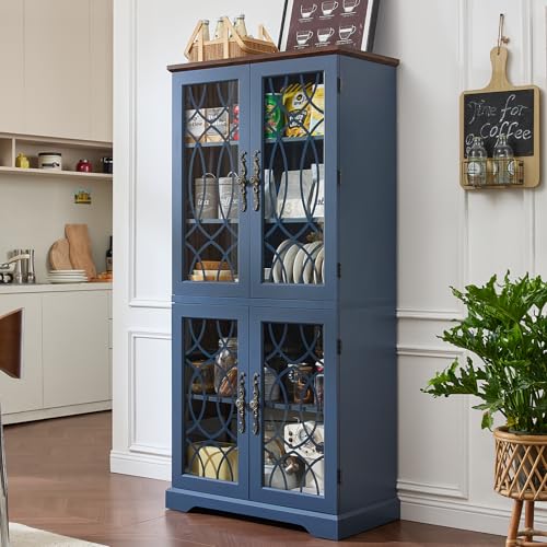 Image of Joaxswe 67 inch Tall Pantry Cabinet, Wood Kitchen Pantries Cabinets with Glass Doors & Adjustable Shelves, Freestanding Vintage Cupboard with Large Storage for Dining Room, Bathroom, Navy Blue