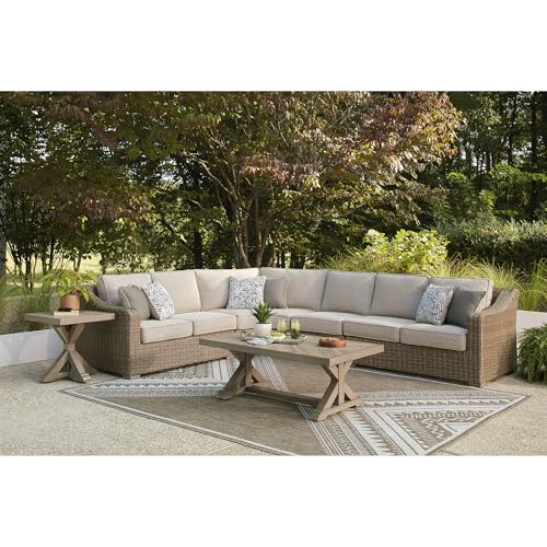 Image of Signature Design by Ashley Revare Beach Coastal Weather Resistant 4-Piece Outdoor Sectional with Removable Cushions and 6 Accent Pillows, Beige