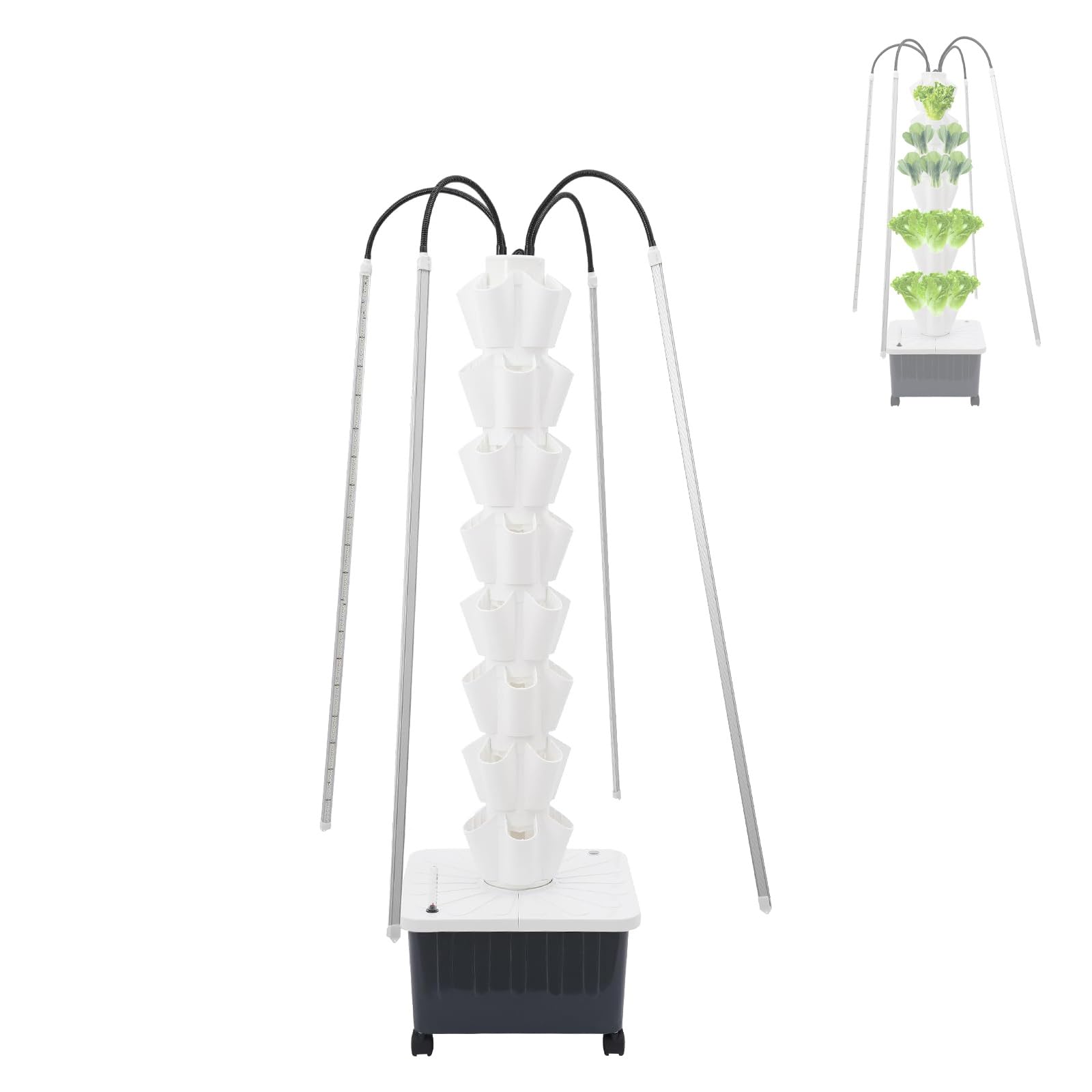 Torre de cultivo hidropónica, maceta vertical con luces de cultivo, capacidad de 40 plantas, jardín interior de 8 niveles, temporizador inteligente, ruedas móviles para hierbas y verduras