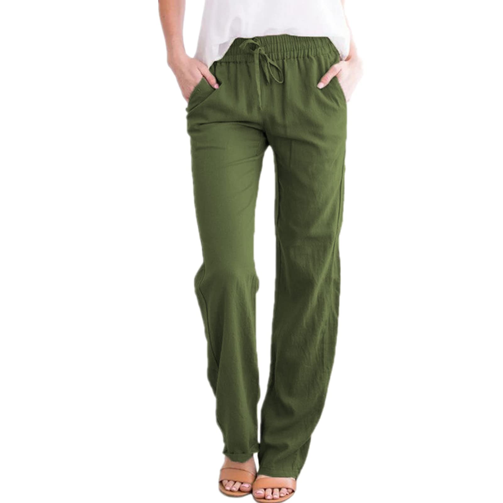 ANBID Ordinary Straight Pants Work Pants Womens Elastic Business Office Casual Pants with Pockets Military Green XL