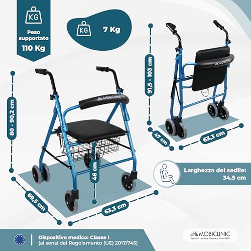 Mobiclinic®, Deambulatore Per Anziani, Prado, Rollator, Alluminio, Marchio Europeo, Pieghevole, Freni A Pressione, Con Sedile, Girello 4 Ruote, Colore Blu - 3