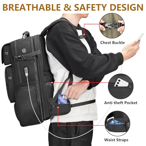 MATEIN Erweiterbar Reiserucksack 55x35x25 mit Schuhfach, 50L Groß Laptop Rucksack 17,3 Zoll mit USB Ladeanschluss Diebstahlsichere Tasche, Handgepäck Rucksack Herren mit 3 Packing Cubes, Schwarz