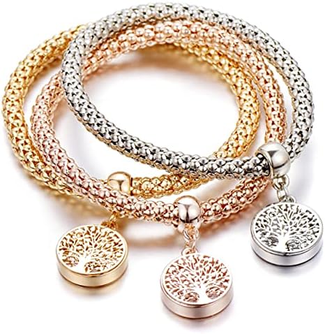 SILANER Crystal Charms Multilayer Bracelets - 3PCS Gold/Silver/Rose Gold Corn Chain Bracelet for Women, Tree of Life Heart Shaped Stretch Bracelet(Tree of Life Round Charm)