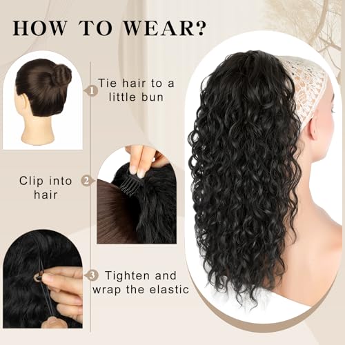 Shnmin Ponytail Extension,Curly Drawstring Ponytail Extension For Black Women Natural Black Curly Clip In Hair Extensions 18 Inch Synthetic Hairpiece For Daily Party thumb #4