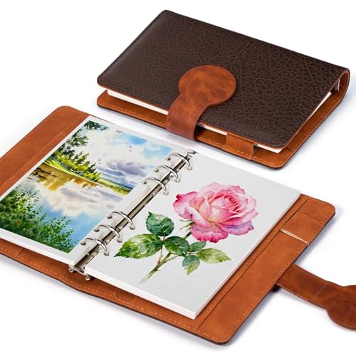 Lightwish 水彩スケッチブック 詰め替え可能 綿100% 300gsm (140ポンド) - 6.75インチ x 3.9インチ コールドプレス 水彩紙 ジャーナルノート - 20枚 PUレザーカバー付き ミクストメディアを描くのに