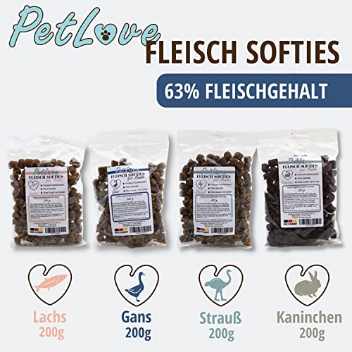 PetLove 100% Fleisch Softies für Hunde • Hundeleckerli ohne Getreide • Hoher Fleischgehalt • Hunde Leckerlis für Training • Mix (Gans, Lachs, Kaninchen, Strauß) 6X 4er Mix (24 Tüten)