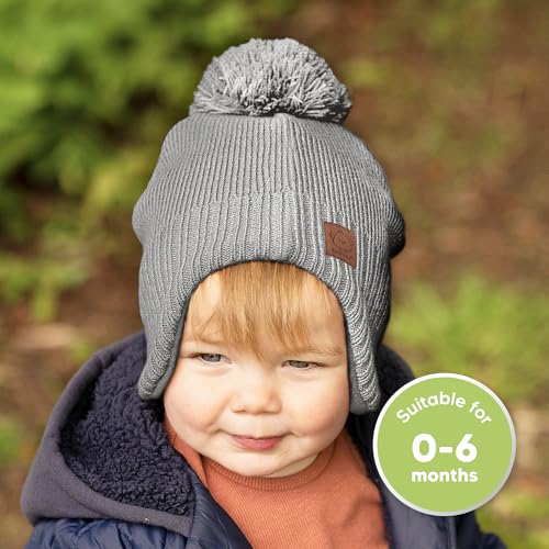 Image of Baby Beanie Winter Hat 0-6 Months - Cute Pom Winter Baby Hats with Earflaps, Soft & Stretchy Knit Toddler Beanies for Infant, Newborn 0-6 Months Boys, Girls, Cozy, Warm Fall Essentials (Gray, S)