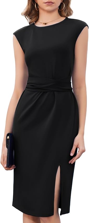 Dressystar Womens Crew Neck Belted Side Slit Business Work Office Dress 2026 Cap Sleeve Sheath Midi Church Dresses