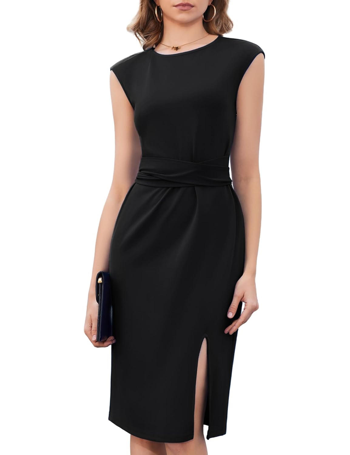 Dressystar 2025 Womens Crew Neck Belted Side Slit Business Work Office Dress Cap Sleeve Sheath Midi Church Dresses