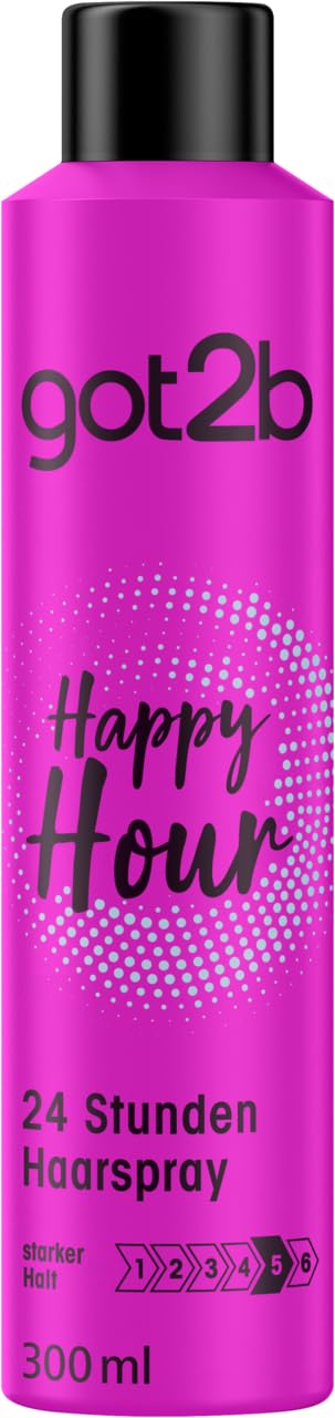 got2b Schwarzkopf Haarspray Happy Hour Halt 5 (6x 300 ml), 24 Stunden Haarspray für extremen Halt und langlebige Styles, schützt das Haar vor dem Austrocknen
