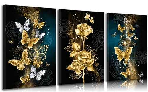 3pcs Abstract Gold Butterfly Canvas Wall Art Gold Butterfly And