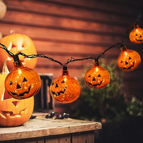 PASUTO Halloween Lights Pumpkin String Lights, 8.5 Feet Pumpkin Lights with 10Pcs Pumpkin Lantern Lights, for Halloween Indoor Outdoor Party Yard Home Decor Lights (Orange Incandescent Bulb)