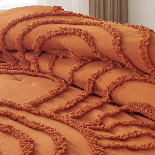 Image of ENJOHOS Burnt Orange Twin Comforter Set, 2 Pieces Boho Style Comforter, with Tufted Rainbow Pattern, Lightweight Fluffy Microfiber Comforter for All Season, with 1 Pillowcase