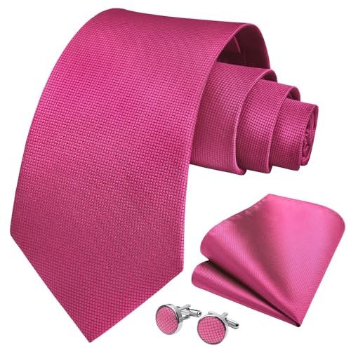 HISDERN Corbatas Rosa de Hombre Fucsia Modernas Corbata y Pañuelo de Bolsillo Gemelos Set Boda Formal Business