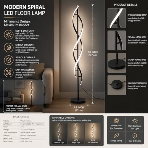 Image of Modern Spiral LED Floor Lamp for Living Room, Contemporary Twisted Standing Lamp with Dimmable Warm White Light, Minimalist Black Corner Light for Bedroom, Office & Home Decor (Halora)